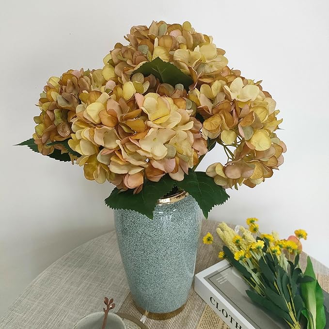 Hydrangea Artificial Flowers,6 Pcs Faux Hydrangea Flowers,Artificial OchreYellow Hydrangeas Flowers with Stems,Fake Hydrangeas,Yellow Silk Flowers with Stems for Home Decor