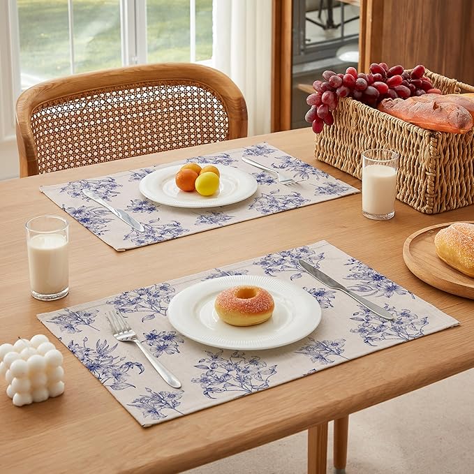 LilyCat Linen Fabric Blue Floral Placemats, Waterproof Durable Boho Dining Table Mats for Kitchen, Rustic Vintage Washable Place Mats Set of 4, 18’’× 12’’