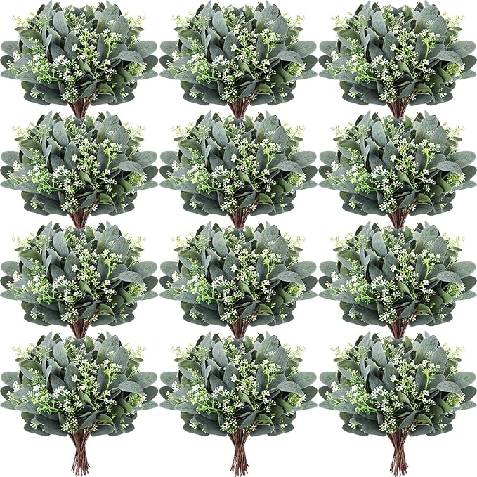 Janinka 90 Pcs Mixed Eucalyptus Leaves Stems Bulk Artificial Eucalyptus Leaves with White Seeds Artificial Silver Dollar Sprays Faux Oval for Floral Wreath Bouquets Wedding Greenery Decoration