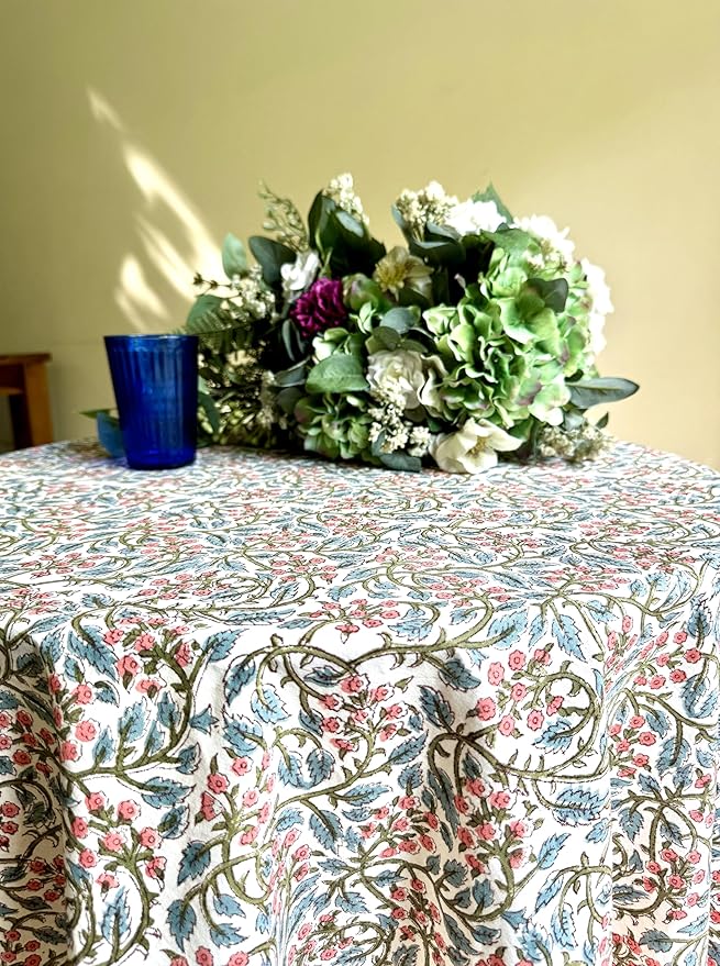 ATOSII Kalina 100% Cotton Spring Round Tablecloth, Handblock Print Floral Table Cloth for Kitchen Dining Linen I Parties, Weddings, Outdoors, Easter, Holidays I 60" Inches Round