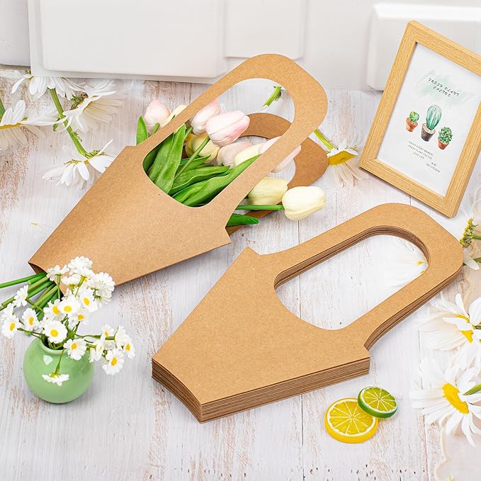 Lesnala 16Pcs Kraft Paper Flower Gift Bags with Handle Cone Shaped Bouquet Basket for Wedding Birthday Valentines Day Bar Shop Wrapping Supplies