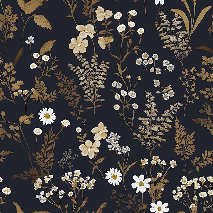 Dark Floral Wallpaper Peel and Stick 17.5in x 393in Navy Gold Leaf Wallpaper Vinyl Waterproof Self-Adhesive Boho Botanical Wall Paper Black Decor for Bathroom Bookcase Bedroom Cabinet