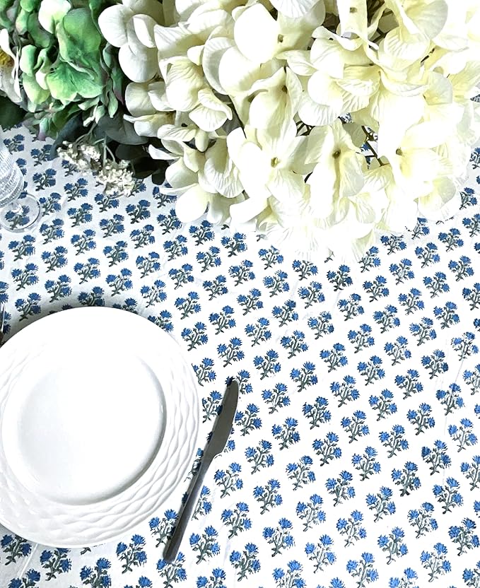ATOSII Gulbahar Blue 100% Cotton Fall Rectangle Tablecloth, Handblock Print Floral Table Cloth for Kitchen Dining Linen I Thanksgiving Christmas Weddings Outdoors I 72 X 140 Inches I 12 Seater