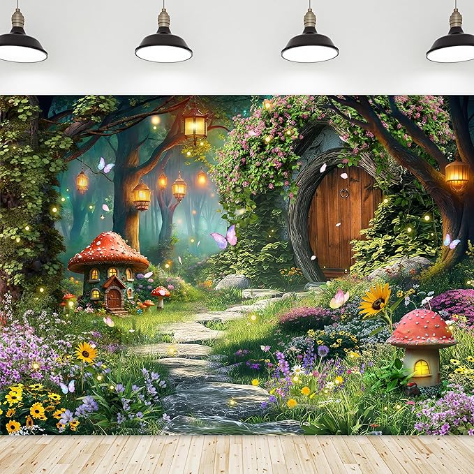 Riyidecor Fairy Backdrop Polyester Fabric Garden Butterfly Enchanted Wonderland Woodland Mushroom Floral Flower 8Wx6H Feet Nature Baby Shower Photography Background Birthday Photo Studio Shoot