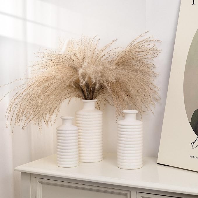 Ceramic Vase Set, Cream White Vases Home Decor, Boho Rustic Farmhouse Vase for Pampas Grass Fresh Flowers, Modern Vases for Living Room, Bedroom, Bathroom, Entryway, Dresser Table Decor