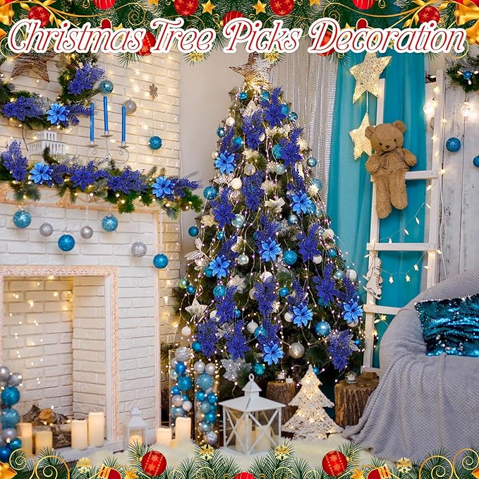 18 Pack 3 Styles 17 Inch Christmas Glitter Poinsettia Berry Stems Ornaments Artificial Floral Branches Picks for Christmas Tree Home Vase Holiday Party Decor(Royal Blue)