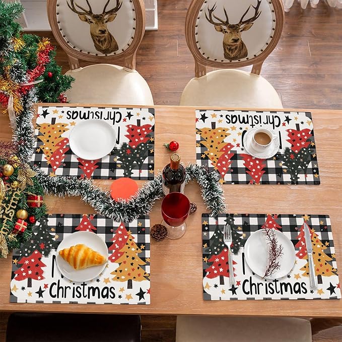 Christmas Tree Placemats Set of 4,Merry Christmas 12x18 Inch Non-Slip Washable Heat Resistant Linen Fabric Table Mats,Place Mats for Holiday Party