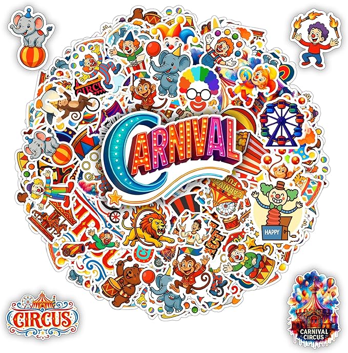 100 PCS Carnival Circus Stickers Pack, Vinyl Waterproof Decals of Clowns Popcorn Ferris Wheel Elephants, Fun Gift for Students Teens Adults Birthday Laptop Bottle Scrapbook Birthday Christmas