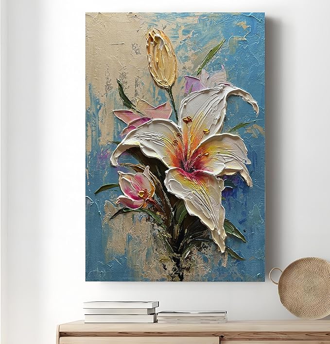 moshinart 24 x 36in Hand-Painted Oil Painting 3D Texture Black White Grey Modern Minimalist Black Abstract Wall Art, Home Office Wall Decoration Lily