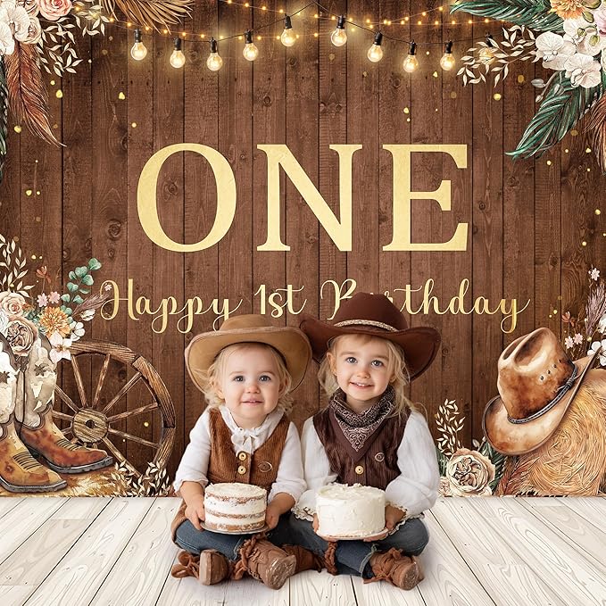SVBright Western Cowgirl First Birthday Backdrop 8Wx6H One Year Old Pampas Grass Country West Rustic Wooden Flower Retro Boots Hat Decorations Photography Background Banner Photo Booth Studio