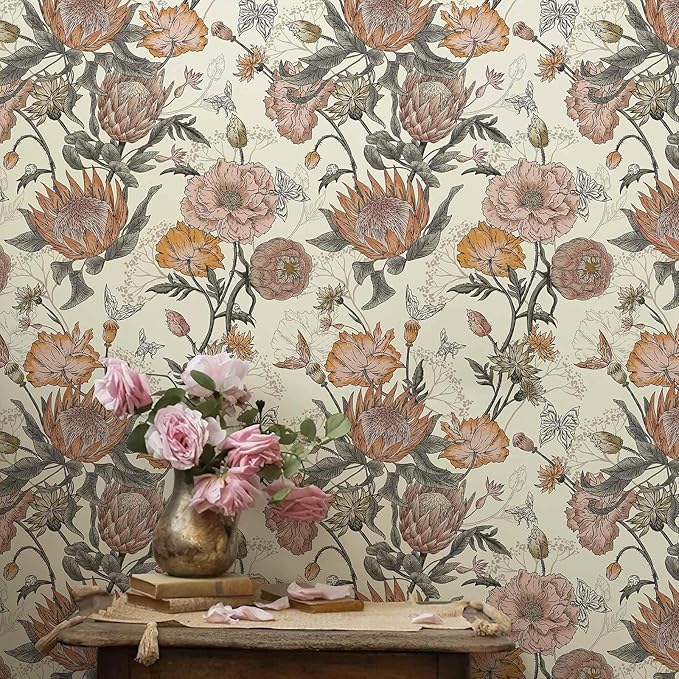 Floral Wallpaper Peel and Stick Floral Contact Paper Yellow and Pink Vintage Wall Paper Removable Self Adhesive Vinyl Stick on Wallpaper for Bathroom Bedroom Decor 17.3in x 400in