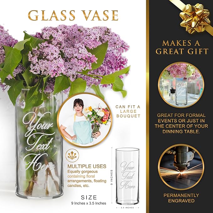 My Personal Memories Custom Etched Glass Flower Vase - Personalized with Your Text for Weddings, Valentine's, Mother's Day, Couples, Anniversaries, Birthdays, Gifts (Any Text Style)