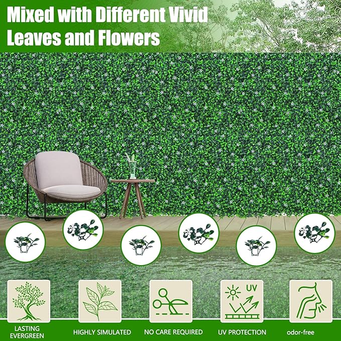 EverNture 48"x120"(40 SQFT) Grass Wall Panels, Artificial Grass Backdrop, Fake Greenery Plant Boxwood Roll with Flower, Green Wall Decor for Outdoor Indoor Patio Garden Backyard