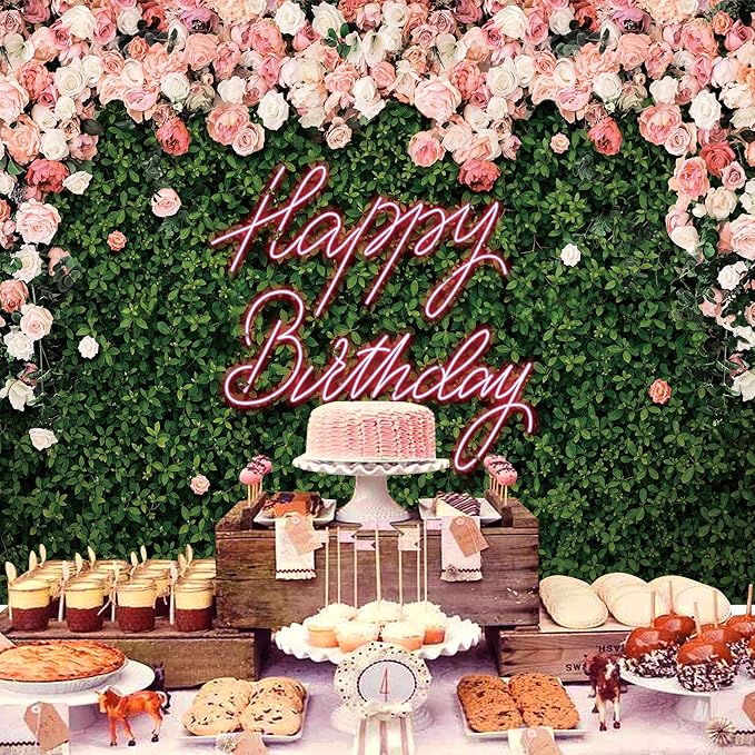 Riyidecor Happy Birthday Backdrop Vinyl for Women Neon Flower Wall Pink Rose Green Leaves Floral Blossom Botanical Plant Nature 10Wx8H Feet Girls Photography Background Birthday Photo Studio Shoot