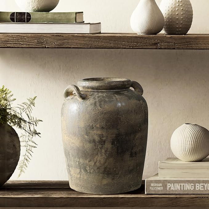 LuxenHome Vintage Ceramic Flower Vase,15''Tall Farmhouse Jug Brown Large Vases for Room Decor,Rustic Terracotta Vase Entry Way Table Home Decor Living Room Home Décor Accents