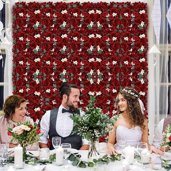 Pack of 6 Artificial Silk Flower Panels, Faux Floral Wall Background for Wedding Party Engagement Bridal Shower Arrangement Home Decorations - Burgundy