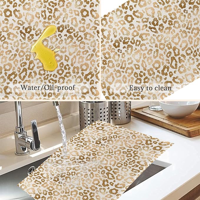 Gold Black Leopard Placemats Set of 6,Washable Heat Resistant 12×18 Inch Linen Table Mats White Gold Place Mats for Party Outdoor Dining Décor