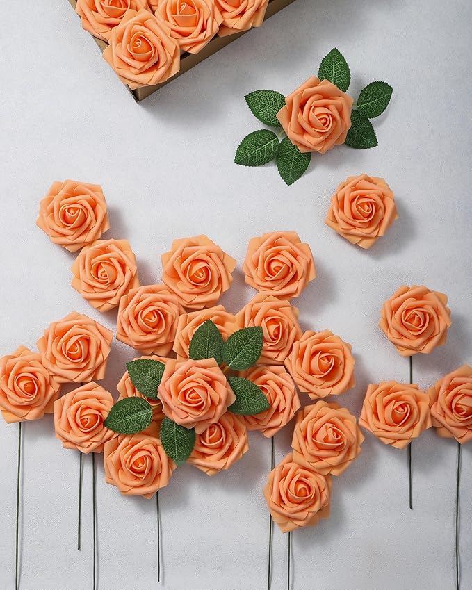 DuHouse 25Pcs Artificial Roses Flowers Fake Rose with Stems Real Touch Foam Flowers for DIY Wedding Bouquet Baby Shower Centerpiece Floral Arrangement Party Home Decor(Peach Fuzz)