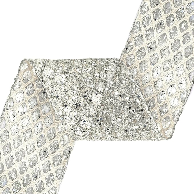 VATIN 4" Champagne Christmas Ribbon, Silver Glitter Mesh Diamond Web Sequin Dots Wired Christmas Ribbon for Gift Wrapping Bow Making Wreath Supply-10 Yards