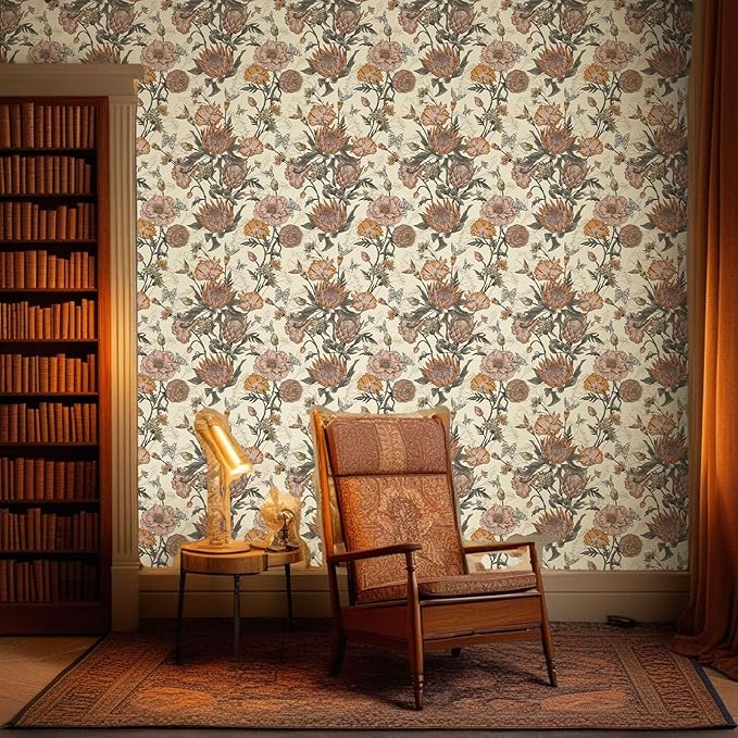 Floral Wallpaper Peel and Stick Floral Contact Paper Yellow and Pink Vintage Wall Paper Removable Self Adhesive Vinyl Stick on Wallpaper for Bathroom Bedroom Decor 17.3in x 118in