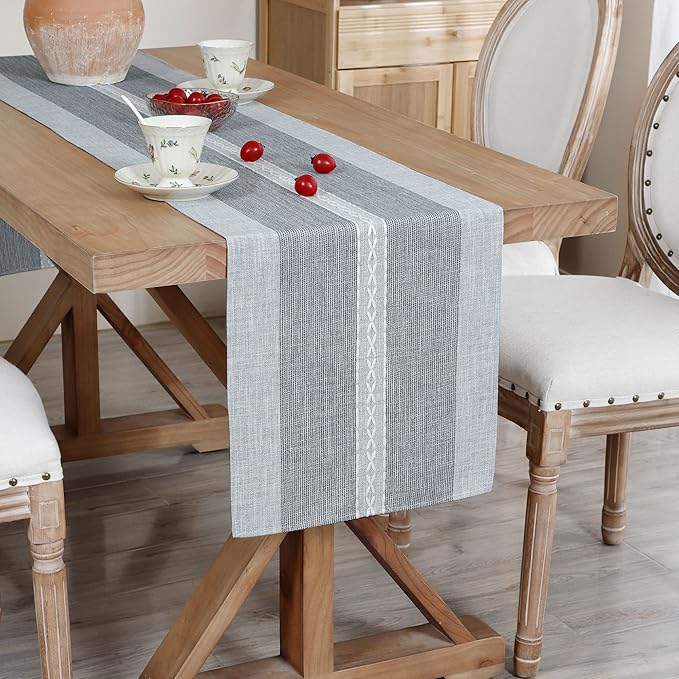 Farmhouse Braided Striped Table Runner Rustic Embroidery Coffee Table Runners for Decorations Weddings Holiday Grey 13x72inch