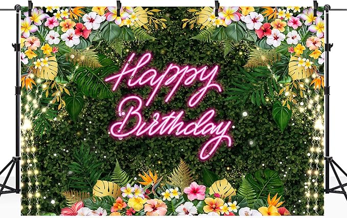 Riyidecor Happy Birthday Backdrop for Women Fabric Floral Green Leaves Pink Neon Girl Summer Hawaii Flower Plant 7Wx5H Feet Lights Botanical Photography Background Birthday Photo Studio Shoot