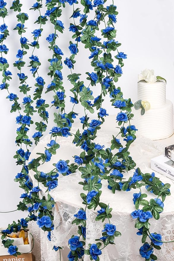 Miracliy 5Pcs 41FT Blue Flower Garland Artificial Rose Arch Vines Fake Spring Floral Garland for Flower Wall Backdrop Wedding Mothers Day Garden Tea Party Decoration