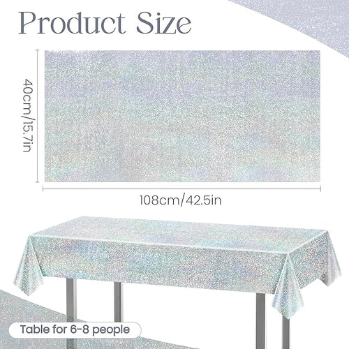 2 pcs Silver Holographic Tablecloths Shiny Disco Laser Table Cloths 40" x 108" Iridescence Plastic White Table Cover for Birthday Party Decoration Wedding Christmas Winter Grad Party Supplies