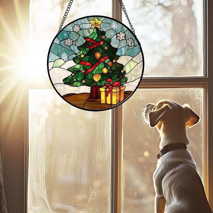 Stained Glass Window Hanging Green Christmas Tree Snowflake 7.8" - Suncatcher Door Garden Sun Catcher Xmas Holiday Decor Birthday for Mom Men Woman Friend Nana