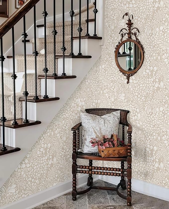 Heroad Peel and Stick Wallpaper Boho Beige Contact Paper 17.3''x196'' Floral Wall Paper Removable Self Adhesive Wallpaper for Cabinet Bedroom Living Room Entryway Walls Bathroom Waterproof Vinyl Roll