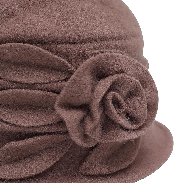 ZLYC Women Wool Cloche Bucket Hat 1920s Vintage Dress Winter Hats with Flower Accent