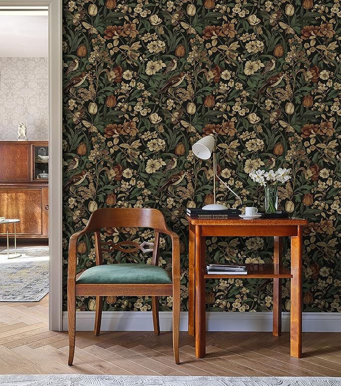 Erfoni 17.3" x197" Retro Floral and Bird Contact Paper Vintage Peel and Stick Wallpaper for Bedroom Decorative Self Adhesive Wall Paper Boho Floral Leaf Removable Wallpaper for Accent Wall Covering