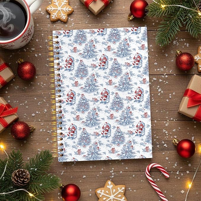 VIIJJUE Blue and White Chinoiserie Christmas Santa Notebook for Women, Vintage French Country Toile de Jouy Journal, Xmas Red Santa Holiday Hardcover Spiral Notebooks, 5.5x8.3 Inch-03