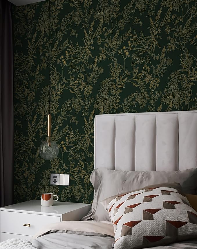 Peel and Stick Wallpaper Dark Green and Gold Floral Wallpaper Vintage Flower and Leaf Contact Paper for Cabinets Self-Adhesive Removable Wallpaper for Bedroom Bathroom Kitchen 394"x17.3"