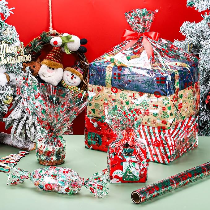 woric Cellophane Wrap for Gift Baskets 17in x 82 Ft Christmas Cellophane Wrap Roll Gift Basket Wrapping Plastic for Gift Wrapping Treats Party Favors Christmas Decoration