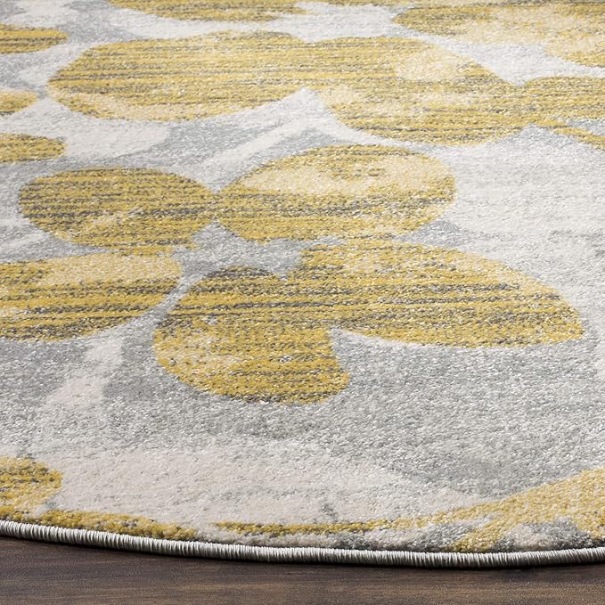SAFAVIEH Evoke Collection Area Rug - 6'7" Round, Grey & Gold, Floral Design, Non-Shedding & Easy Care, Ideal for High Traffic Areas in Living Room, Bedroom (EVK236P)