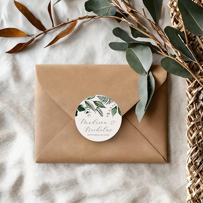 Personalized Floral Wedding Stickers with Your Choice of 30 Flower Styles - Choose Font and One of Five Pre-made Phrases or Add Custom Text (002 - Green Leaves)