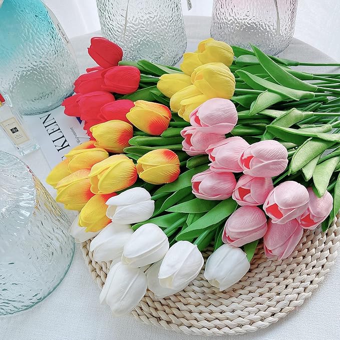 UKELER Tulips Artificial Flowers Bulk 24 Pcs DIY Wreath Real Touch Artificial Tulip Flowers for Home Kitchen Wedding Birthday Party Decorations, Orange&Yellow