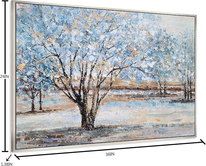 Yihui Arts Tree Canvas Wall Art - Hand Painted Textured Blue and Gold Foil Abstract Forest Landscape Modern Artwork for Living Room, Bedroom, and More