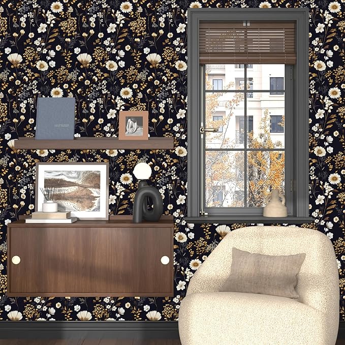 Dark Floral Peel and Stick Wallpaper Vintage Flower Contact Paper Vinyl Waterproof Self Adhesive Removable Retro Decor Black gold Botanical Wall Paper for Bedroom Walls Bookcase Drawers 17.5" x 118"