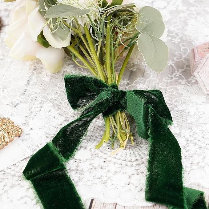 Dark Green Velvet Ribbon for Christmas Tree Decorations Frayed Silk Velvet Ribbon 1.5 Inch for Gift Wrapping, Christmas Tree, Wedding Vow Books -3yards