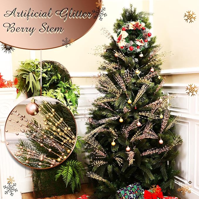 Geosar 30 Pcs Christmas Artificial Glitter Berry Stem Decorations 17 Inch Faux Stick Floral Pick Centerpiece Bouquet Flower Bead Twigs for Centerpiece Tree Wreath Xmas Ornaments Home(Rose Gold)