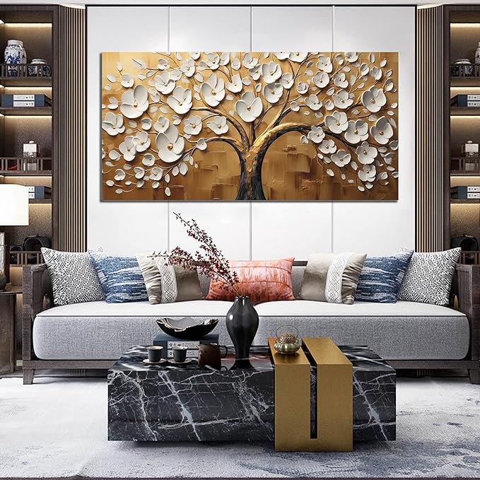 Large Wall Art for Living Room Bedroom Office Tree Art Wall Decor Gold Artwork Tree of Life Wall Art White Flower Framed Wall Decor Modern Canvas Prints 29x59 In