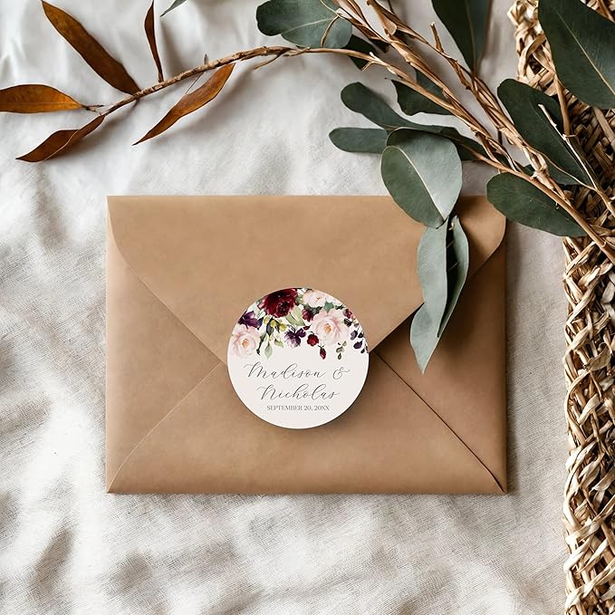 Personalized Floral Wedding Stickers with Your Choice of 30 Flower Styles - Choose Font and One of Five Pre-made Phrases or Add Custom Text (017 - Burgundy and Pink Flowers)