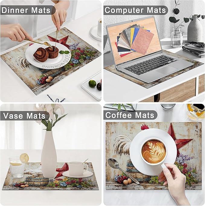 Farmhouse Chicken Placemats Set of 6 Washable Table Retro Rooster Heat-Resistant Cotton Linen Place Mats for Dining Table Kitchen Indoor Outdoor Party Holiday Decor