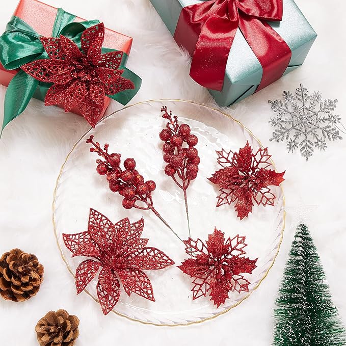 Zhuqing 22Pcs Christmas Poinsettia Artificial Flowers and Glitter Berries Stems Kit, 16Pcs Christmas Tree Flowers Ornaments and 6 Pack Christmas Tree Picks for Wedding Holiday Decorations (Red)