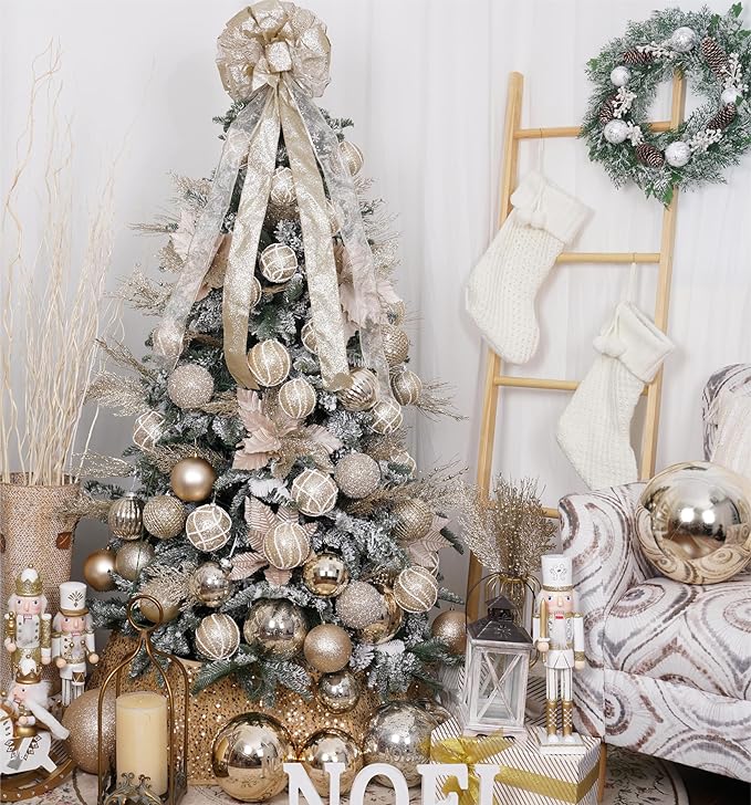 Christmas Glitter Stems 24pcs Artificial Pine Tree Picks for Christmas Tree Ornaments fillers, DIY Xmas Wreath, Crafts, Garland, Holiday, Party, Wedding and Home Decoration (Champagne Gold)