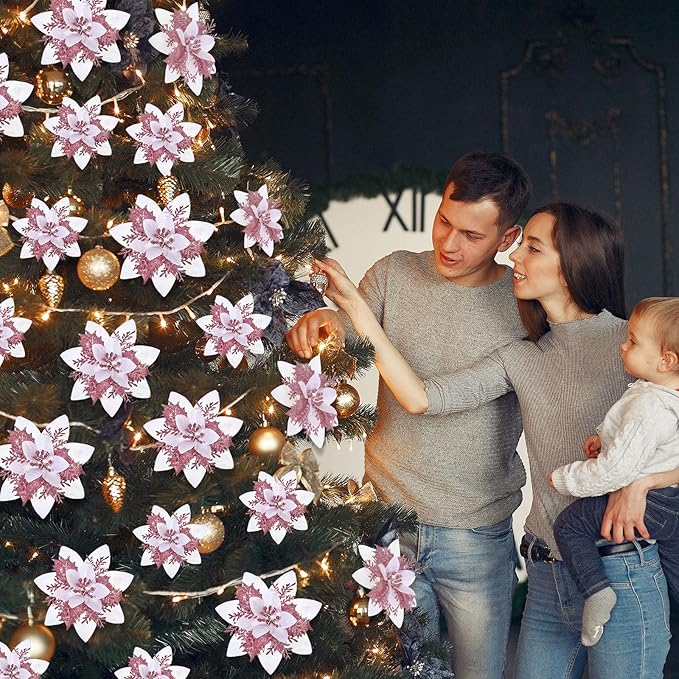 24 Christmas Glitter Artificial Poinsettia Flowers Xmas Poinsettia Artificial Wedding Flowers Decorations Xmas Tree Ornaments with Clips for Party Favors, 6 Inch, 4 Inch, 3 Inch (White Pink)