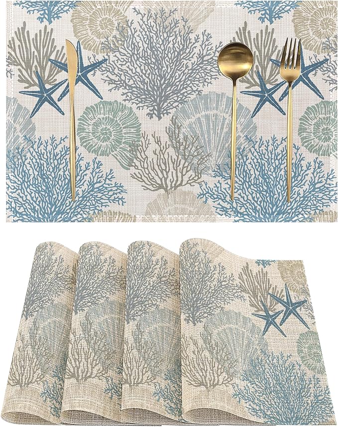 Ocean Coral Teal Placemats Set of 4, Waterproof Place Mats Non-Slip Washable Table Mats Set for Kitchen Dining Holiday Party Wedding Decor 12x18 Inch