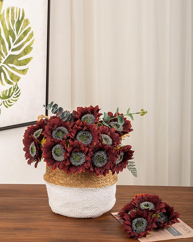 DuHouse 12pcs Artificial Sunflowers with Stems 5.5" Silk Sunflowers Bulk for Wedding Home Garden Outdoor Party Decoration(Red)